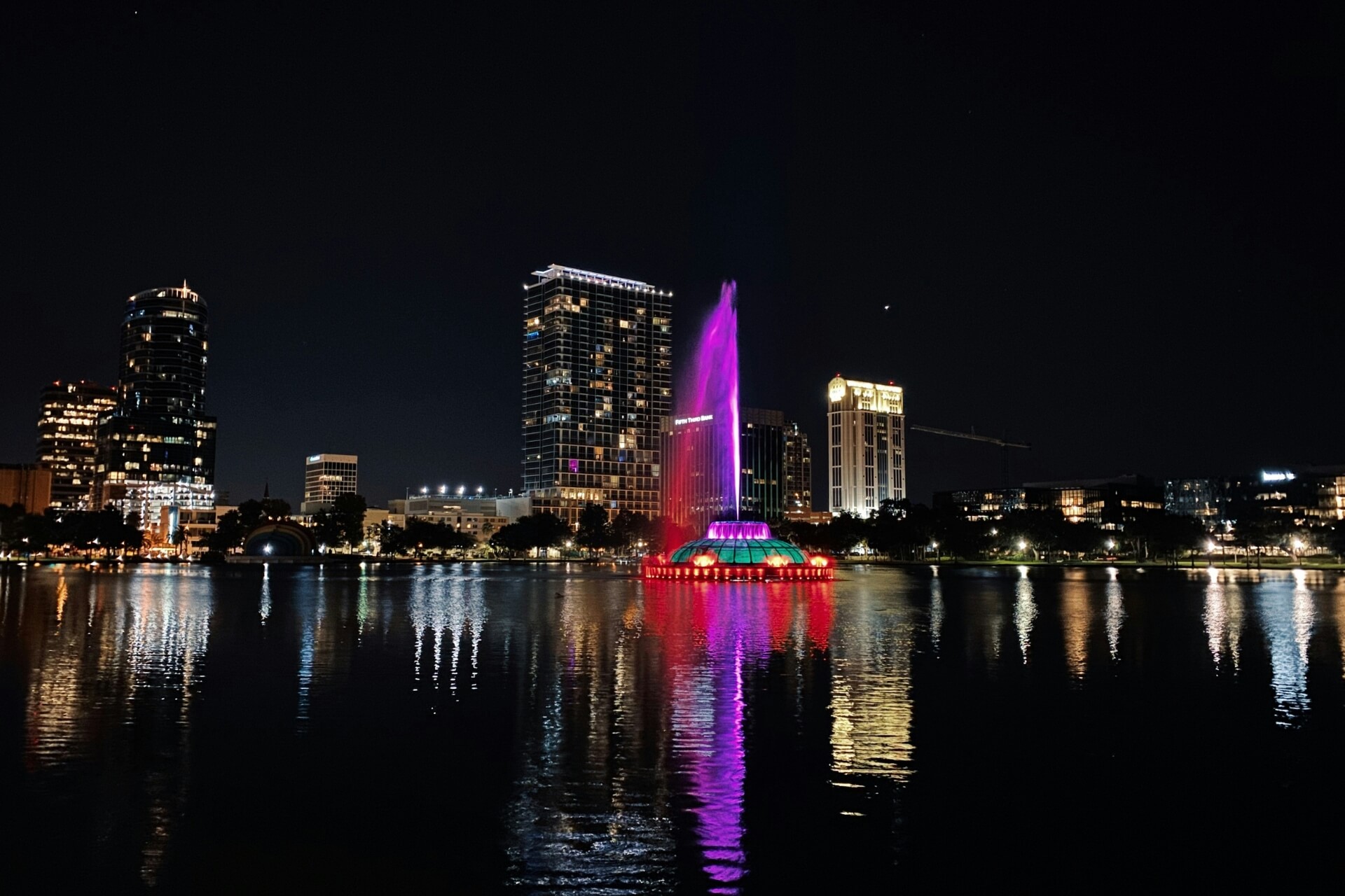 Downtown Orlando at night during an Orlando weekend